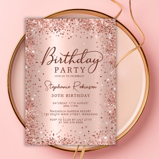 Invitation Elégant Rose Parties scintillant or métal 30e anni