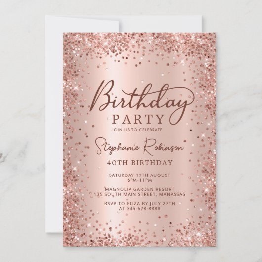 Invitation Elégant Rose Parties scintillant or métal 40e anni (Devant)