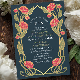 Invitation Elégant rose Peony Art Nouveau Floral Bleu Mariage