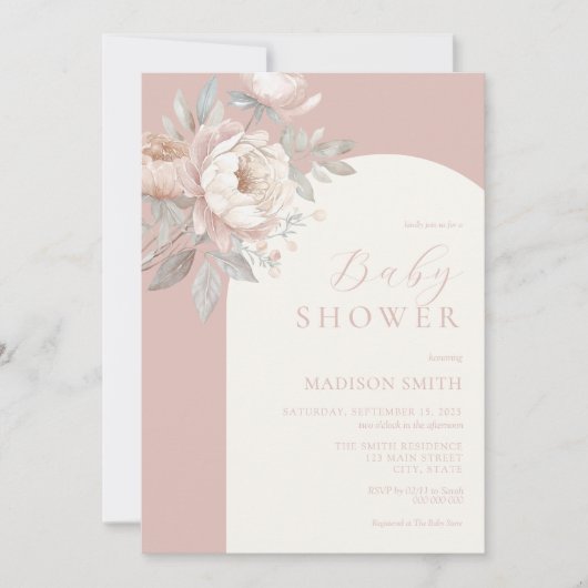 Invitation Elégant Rose Peony Dusty Baby shower rose (Devant)
