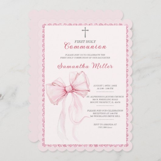 Invitation Élégant rose première communion sainte pour les fi (Devant / Derrière)