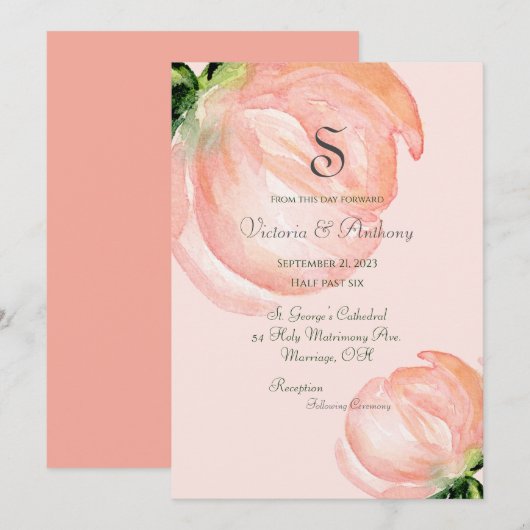 Invitation Elégant rose rose Blush Floral Monogramme Aquarell (Devant / Derrière)