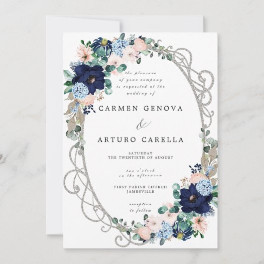 Invitation Elégant rose rose Dusty bleu Floral Mariage Invit (Devant)