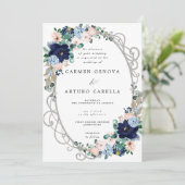 Invitation Elégant rose rose Dusty bleu Floral Mariage Invit (Debout devant)