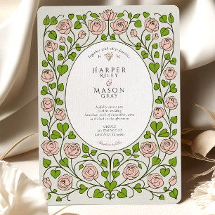 Invitation Élégant rose rose et Mariage de coeur vert