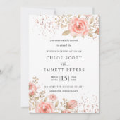 Invitation Élégant Rose Rose Floral Feuilles or (Devant)