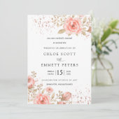 Invitation Élégant Rose Rose Floral Feuilles or (Debout devant)