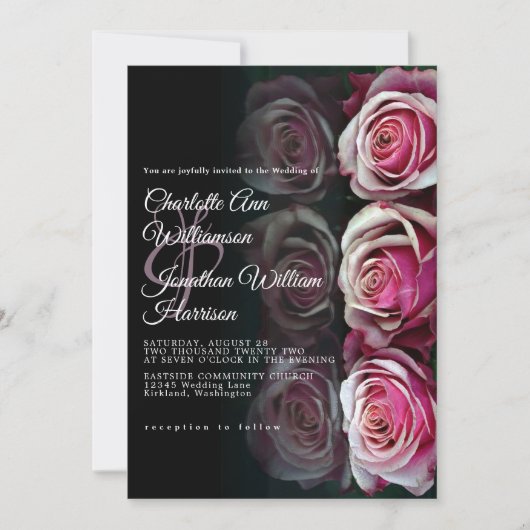 Invitation Élégant rose rose floral miroir Mariage noir (Devant)