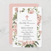 Invitation Élégant Rose Rose Floral Première Communion Sainte (Devant / Derrière)