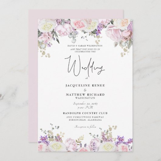 Invitation Élégant rose rose florale (Devant / Derrière)