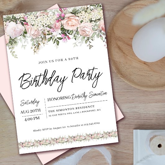 Invitation Elégant rose rose florale 80e anniversaire