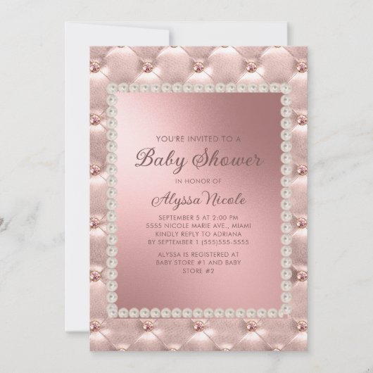 Invitation Elégant Rose Rose Or Baby shower Perles Blanches D (Devant)