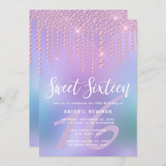Invitation Élégant rose rose or diamant gouttes sweet sixteen (Devant / Derrière)