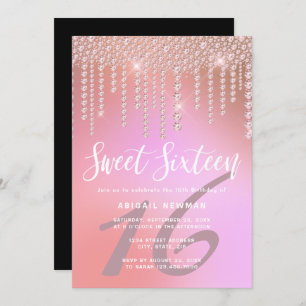 Invitation Élégant rose rose or diamant gouttes sweet sixteen