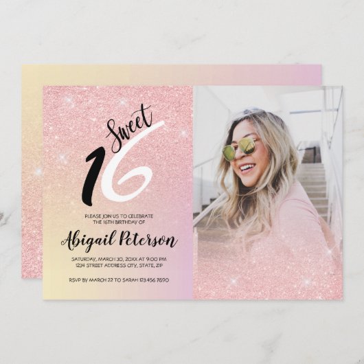 Invitation Élégant rose rose or parties scintillant ombre swe (Devant / Derrière)