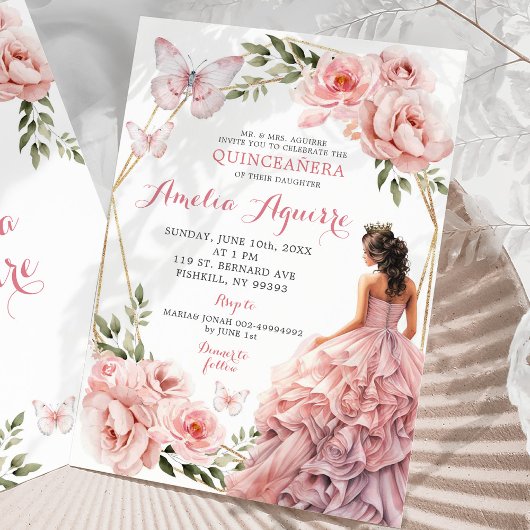 Invitation Elégant rose rose rose floral mexicain Quinceañera