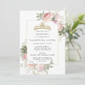Invitation Elégant rose rose rose floral or Tiara Quinceanera (Debout devant)