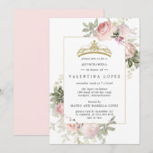 Invitation Elégant rose rose rose floral or Tiara Quinceanera (Devant / Derrière)
