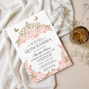 Invitation Elégant rose rose rose floral or Tiara Quinceanera