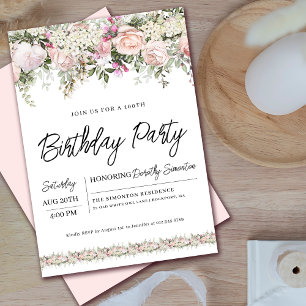 Invitation Élégant rose rose rose florale 100e anniversaire