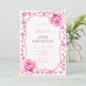 Invitation Elégant rose rose rose florale blanc 40e anniversa (Debout devant)