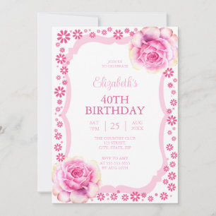 Invitation Elégant rose rose rose florale blanc 40e anniversa