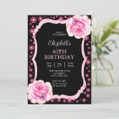 Invitation Elégant rose rose rose florale noir 40e anniversai (Debout devant)