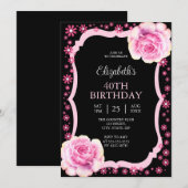 Invitation Elégant rose rose rose florale noir 40e anniversai (Devant / Derrière)