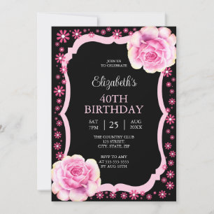 Invitation Elégant rose rose rose florale noir 40e anniversai
