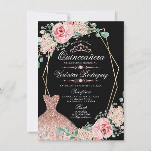 Invitation Elégant rose rose Rose noir Quinceañera Quince Tia (Devant)