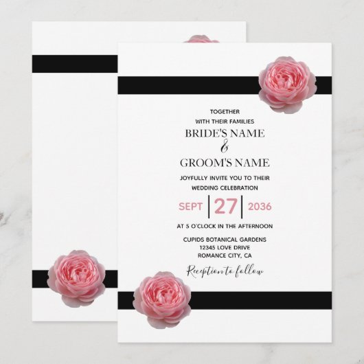 Invitation Élégant rose rose rose noir ruban de mariage Invit (Devant / Derrière)