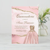 Invitation Élégant rose rose rose or marbre Agate Quinceanera (Debout devant)