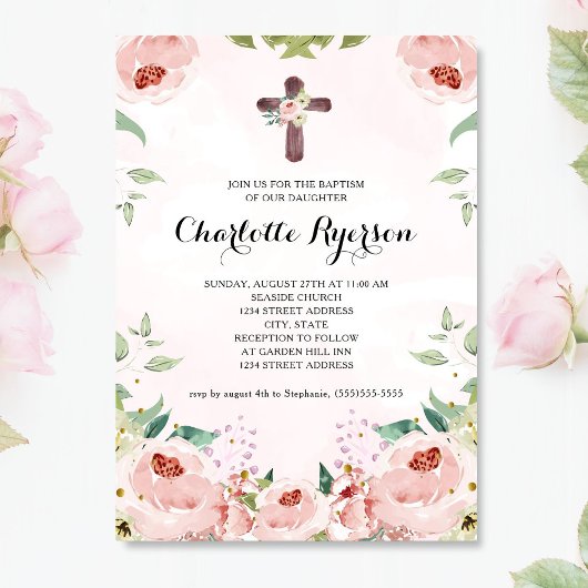 Invitation Élégant rose rose rose rose rose florale Baptême