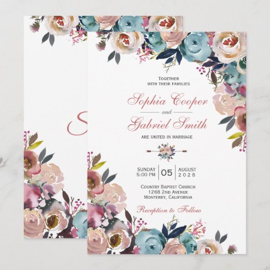 Invitation Elégant rose rose rose rose rose rose Mariage flor (Devant / Derrière)