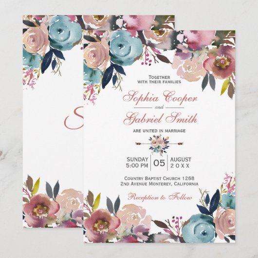Invitation Elégant rose rose rose rose rose rose Mariage flor (Devant / Derrière)