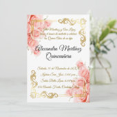 Invitation Élégant Rose rose simple or Floral Quinceañera (Debout devant)