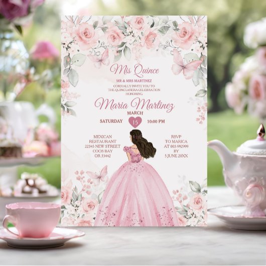 Invitation Elégant rose Roses Floral 16e Quiñceanera Mexicain