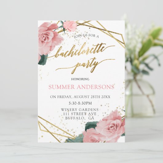Invitation Élégant rose Roses Gold Foil Bachelorette Party (Debout devant)