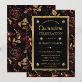 Invitation Élégant Rose rouge et or Floral Quinceanera (Devant / Derrière)