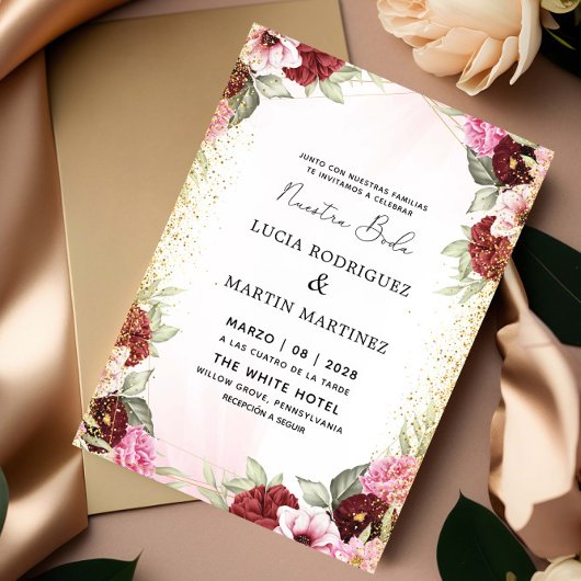 Invitation Elégant rose, Rouge Floral Or espagnol Nuestra Bod