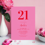 Invitation Élégant rose rouge moderne 21e anniversaire<br><div class="desc">Une simple invitation moderne 21ème anniversaire avec une typographie élégante et un design minimaliste dans les couleurs rose et rouge.</div>