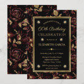 Invitation Elégant Rose Rouge & Or Floral 60e anniversaire (Devant / Derrière)