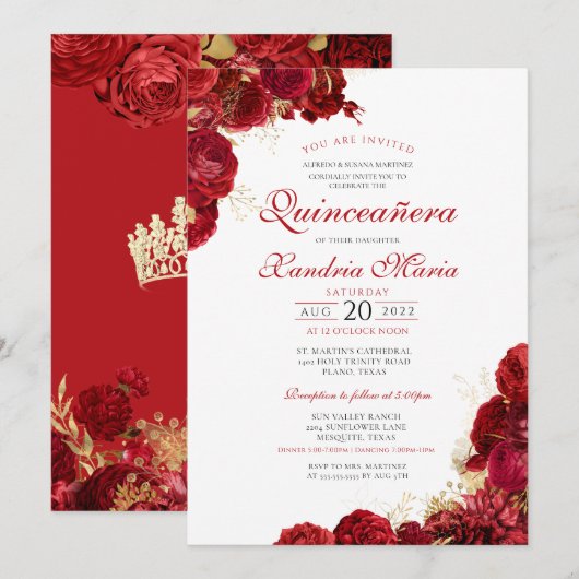 Invitation Elégant Rose rouge & or Floral Quinceanera (Devant / Derrière)
