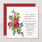 Invitation Elégant rose rouge roses verdure Mariage chrétien (Devant / Derrière)