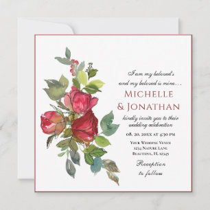 Invitation Elégant rose rouge roses verdure Mariage chrétien