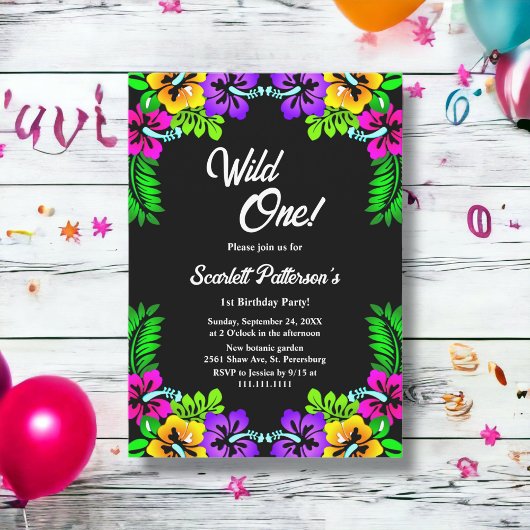 Invitation Elégant Rose rustique noir Floral 1er anniversaire