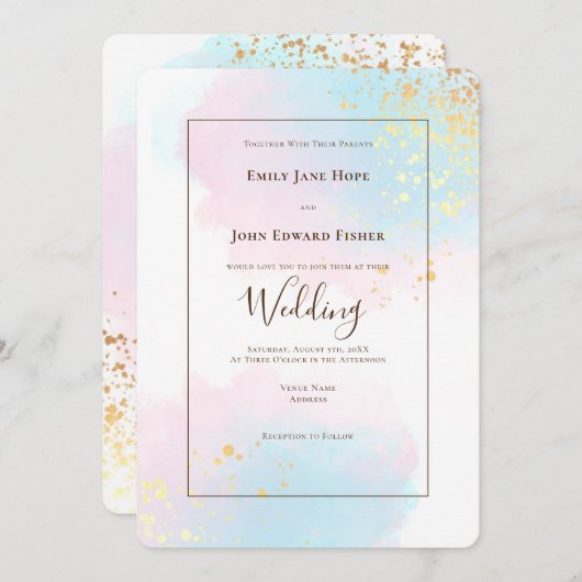 Invitation Elégant rose Turquoise Aquarelle or Confetti Maria (Devant / Derrière)