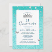 Invitation Élégant Rose Turquoise couronne argent Floral Quin (Devant)