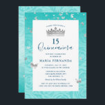 Invitation Élégant Rose Turquoise couronne argent Floral Quin<br><div class="desc">Customisez vos très élégantes invitations quinceanera qui sont conçues sur un modèle dans de jolies couleurs sombres et flashy de bleu foncé, turquoise clair et argent. L'oeuvre représente un motif rose, une princesse ou une couronne de reine d'aquarelle, ainsi que des confettis aux papillons étincelants, qui peuvent tous être changés...</div>