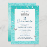 Invitation Élégant Rose Turquoise de la Quinceanera Florale d<br><div class="desc">Customisez vos très élégantes invitations à la quinceanera, conçues sur un modèle dans de jolies couleurs sombres et flashy de bleu foncé, turquoise clair et argent. L'oeuvre représente un motif rose d'aquarelle, une princesse ou une couronne de reine, ainsi que des confettis de papillon étincelant, qui peuvent tous être changés...</div>